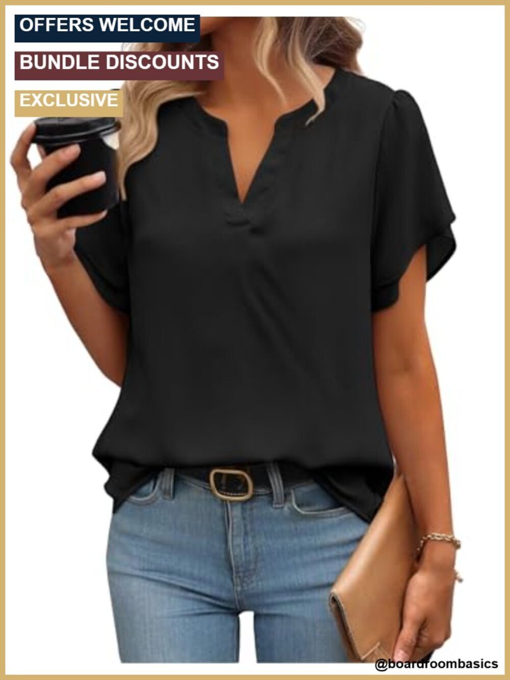 Womens Blouse V Neck Short Sleeve Petal Sleeve Flowy Work Business Casual Top - Picture 2 of 6
